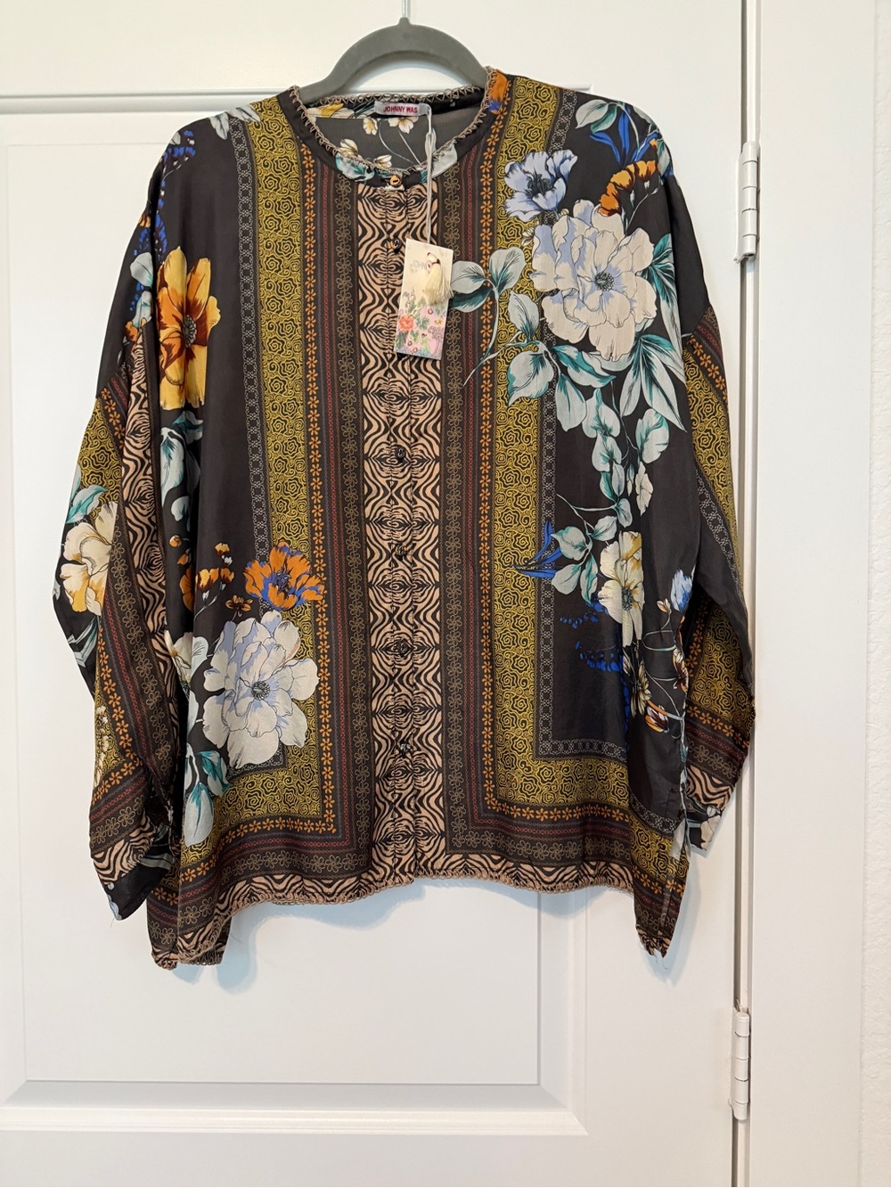 NWT Johnny Was Silk Golden Raquel Button Down Floral Top Roll Tab Sleeves Medium